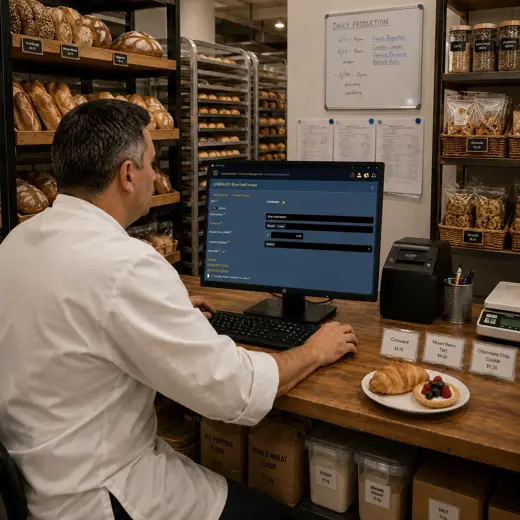 Bakery manager organizing product categories and a reserved cake order in MTPOS