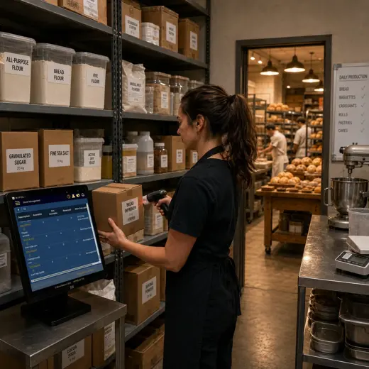 Bakery employee performing an inventory count with a tablet and barcode scanner