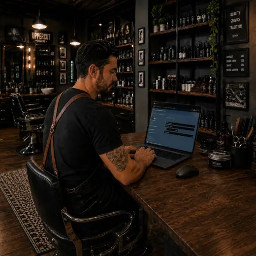Barber using a protected tablet POS beside a barber chair after completing a client service