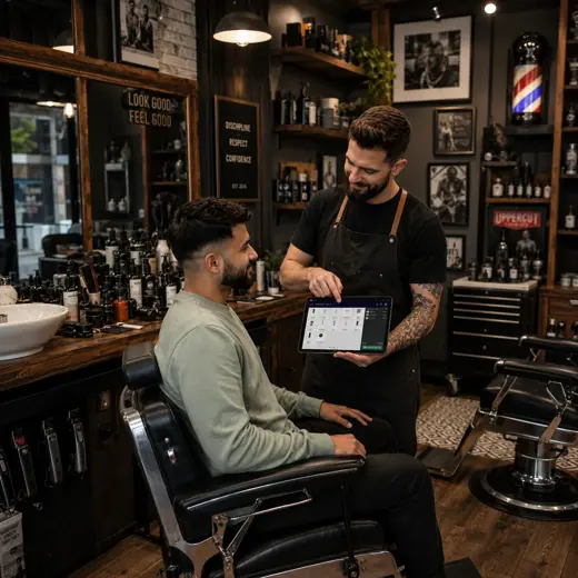 Barber using a tablet POS after completing a haircut while discussing grooming products with a client