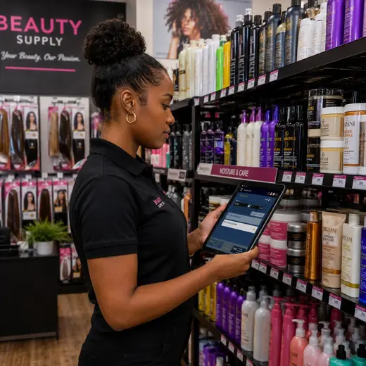Beauty supply associate using a protected tablet POS while helping a customer among cosmetics and hair care displays