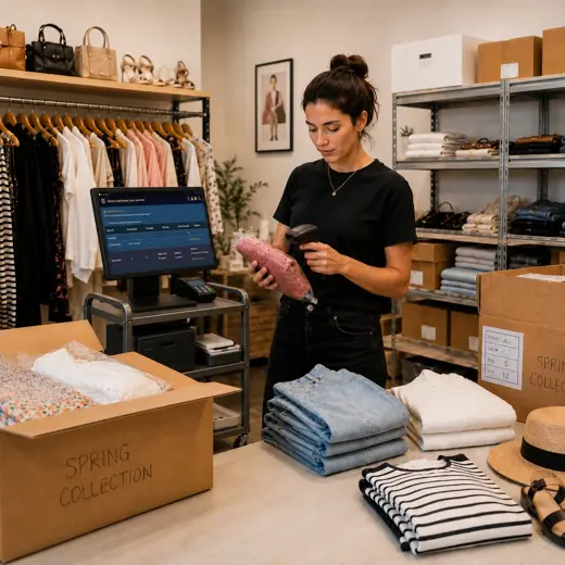 Boutique associate using a protected tablet POS while helping a customer among curated apparel and accessories