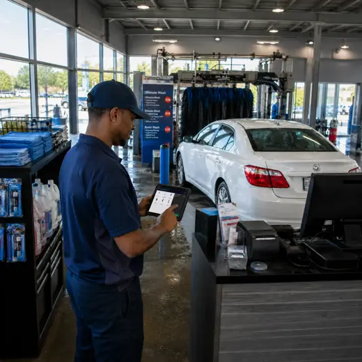 Car wash attendant using a tablet POS to sell a wash package and add-ons