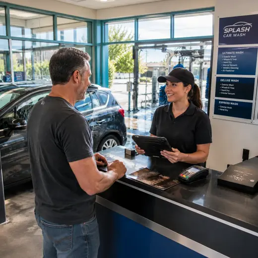 Car wash team assisting customers and processing a wash package sale