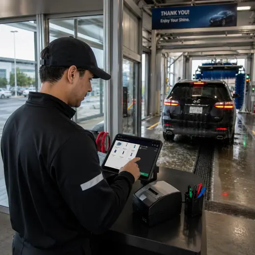 Car wash manager reviewing supplies and operations on a tablet