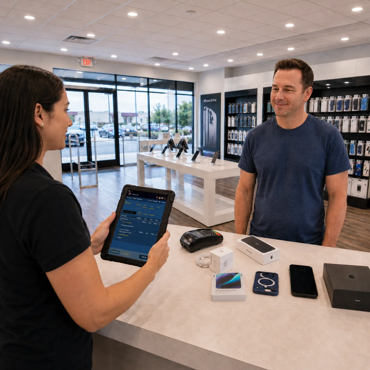 Cellular store associate using a tablet POS to build a smartphone and accessories sale