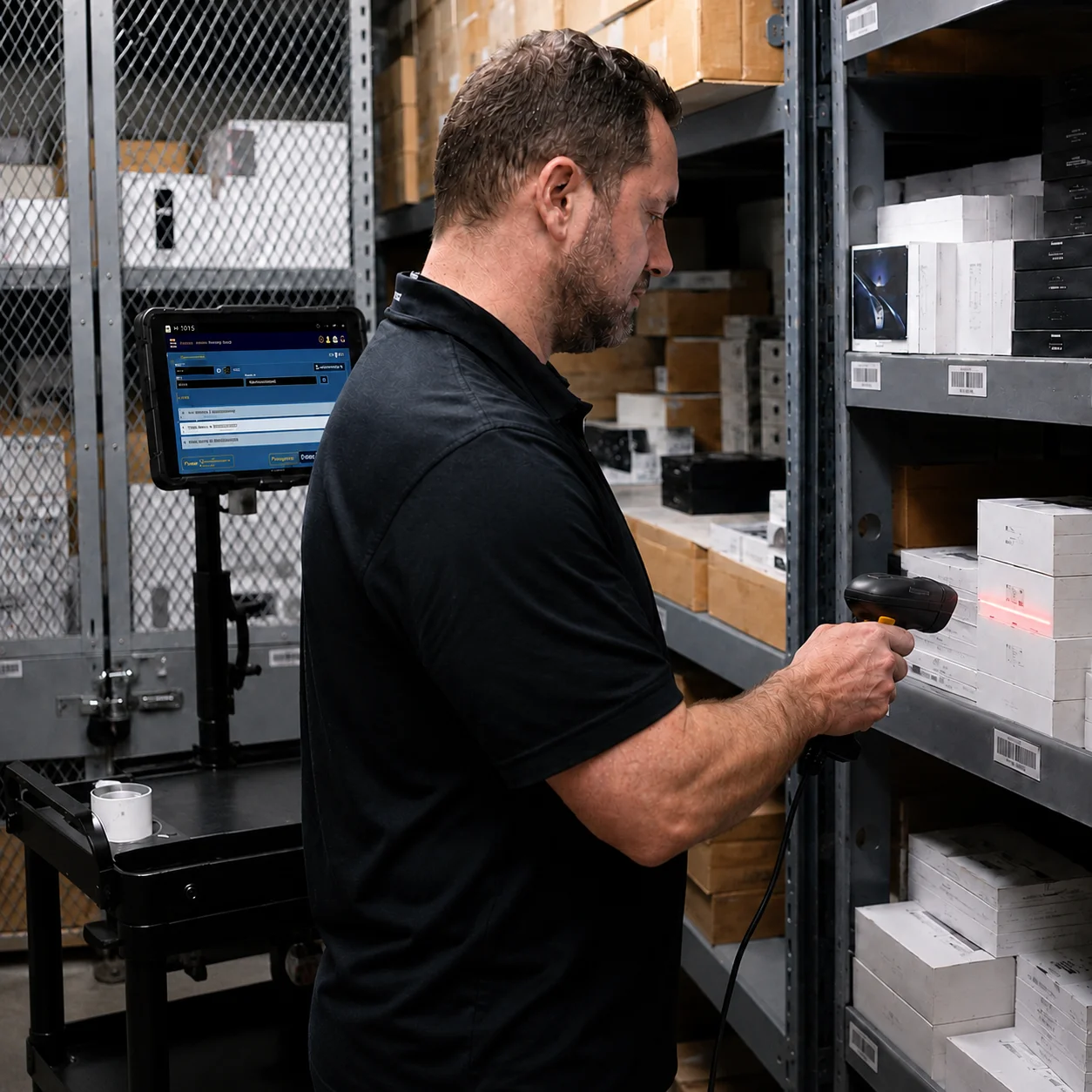 Cellular store manager checking serialized smartphone inventory on a protected tablet