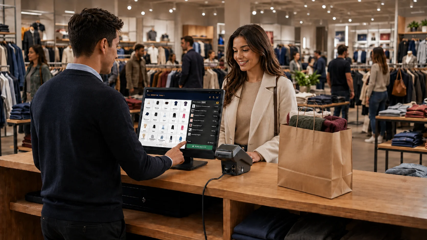 Clothing store employee processing a contactless payment at an MTPOS checkout station