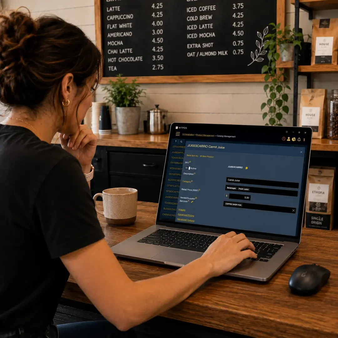 Coffee shop manager configuring drink sizes milk choices flavors and food categories in MTPOS
