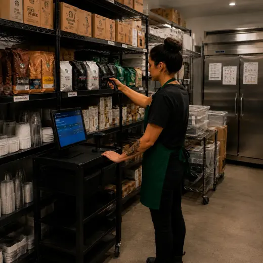 Coffee shop employee checking packaged coffee cups lids and syrups with a tablet near storage shelves