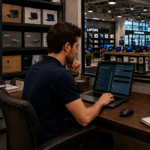Computer store associate using a protected tablet while helping a customer near computer displays