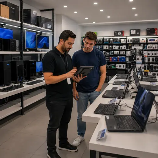 Computer store associate using a tablet POS while helping a customer compare laptops and accessories