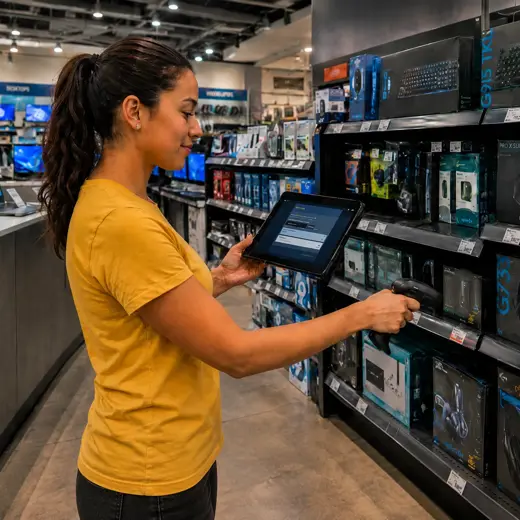 Computer store employee checking serialized laptops and computer components with a protected tablet