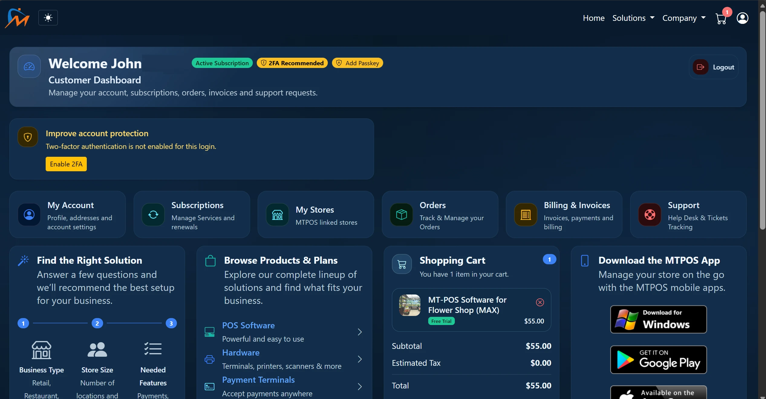Customer self-service ecommerce portal for account management, payment methods, subscriptions, invoices, bills, upgrades, downgrades, and RMA requests