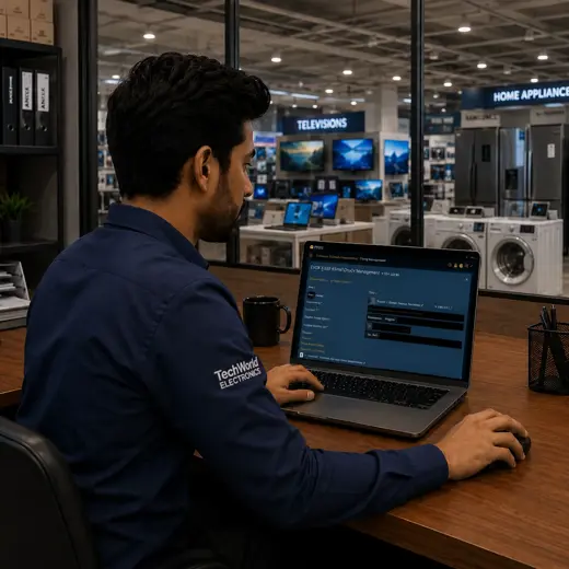 Electronics store associate using a protected tablet while helping a customer near television and audio displays