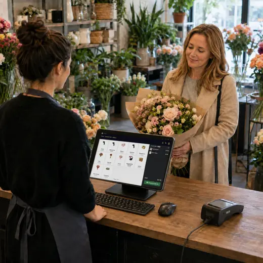 Florist using a tablet POS while helping a customer choose flowers, a vase and a greeting card