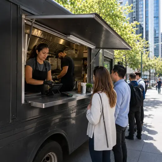 Food truck team using MTPOS during a busy lunch service