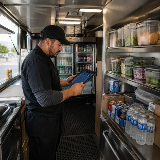 Food truck manager checking stock on a tablet inside the truck