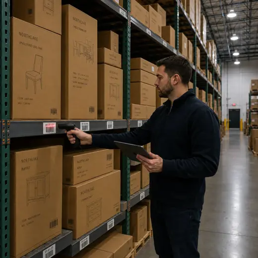 Furniture store employee checking warehouse inventory of tables, chairs and boxed furniture with a protected tablet