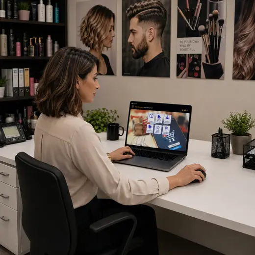 Hair salon employee checking shelves of shampoos, conditioners, treatments and styling products with a protected tablet