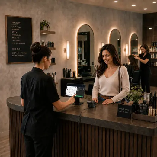 Hair salon stylist using a tablet POS after completing a service while discussing retail haircare products with a client