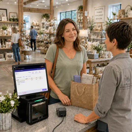 Home decor associate using a tablet POS while discussing coordinated decor items with a customer in a styled showroom