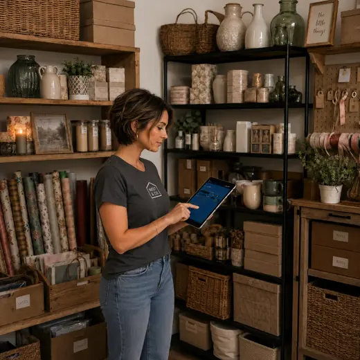 Home decor store employee checking shelves and showroom inventory with a protected tablet