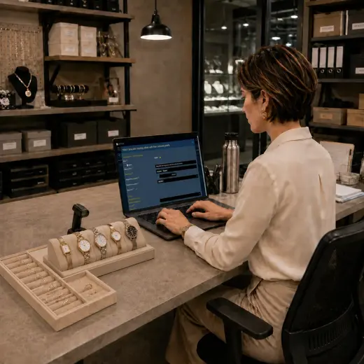 Jewelry store employee checking serialized watches and fine jewelry inventory with a protected tablet