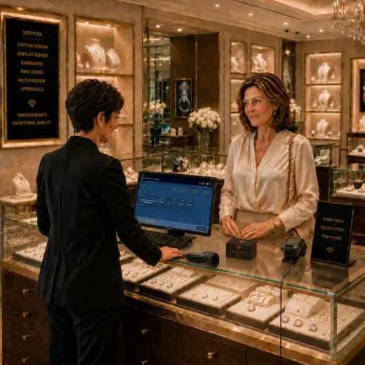 Jewelry store associate using a tablet POS while helping a customer compare rings and necklaces in a luxury showroom