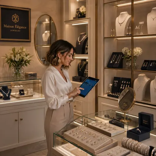 Jewelry store associate using a protected tablet POS while helping a customer at a glass display counter