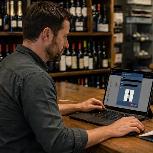 Liquor store manager organizing wine spirits beer and package attributes in a catalog management system