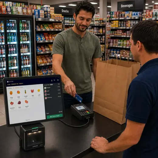 Minimarket associate using a tablet POS at checkout while serving a customer with a small basket of convenience items