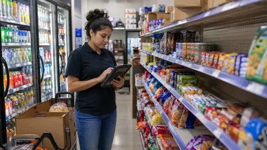 Minimarket employee checking inventory beside store shelves