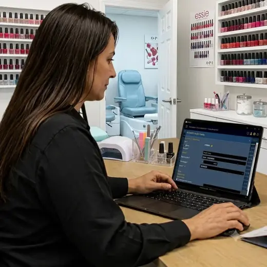 Nail salon employee checking shelves of lotions, cuticle oils, treatments and beauty products with a protected tablet