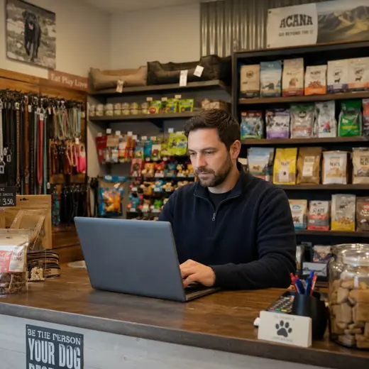 Pet shop employee using a protected tablet while assisting a customer in an aisle