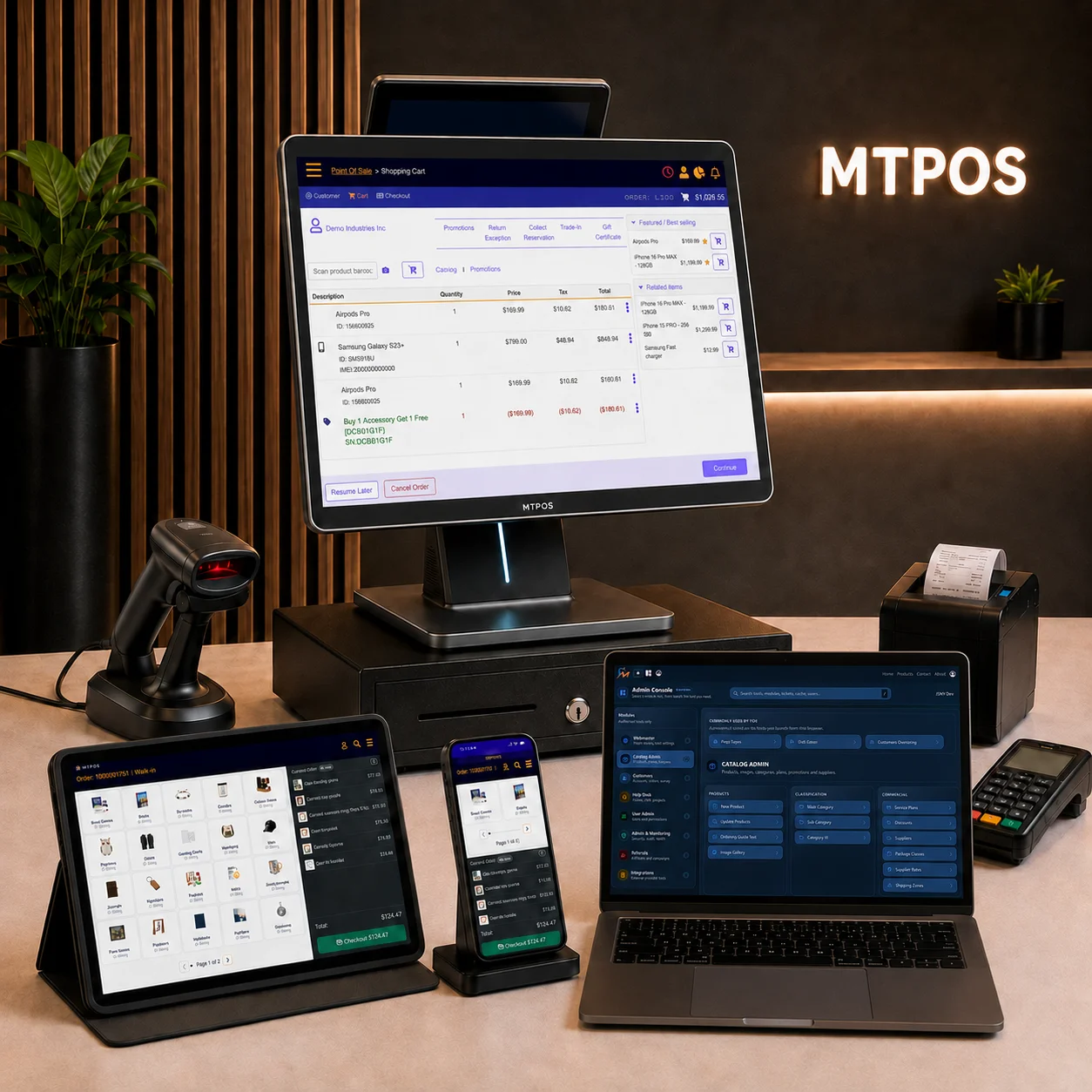 MTPOS running across Windows, Android, iPhone, and iPad devices