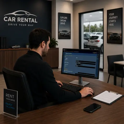 Rental-services employee checking rental inventory and tagged items with a protected tablet in a stock area