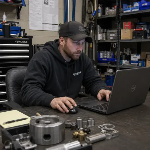 Repair-services employee checking organized parts and serialized service inventory with a protected tablet in a stock area