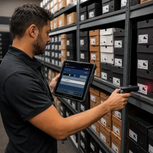 Customer making a contactless payment at a shoe store checkout