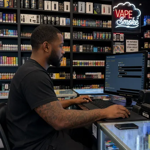 Smoke and vape store employee receiving product cartons and accessories while checking inventory on a protected tablet