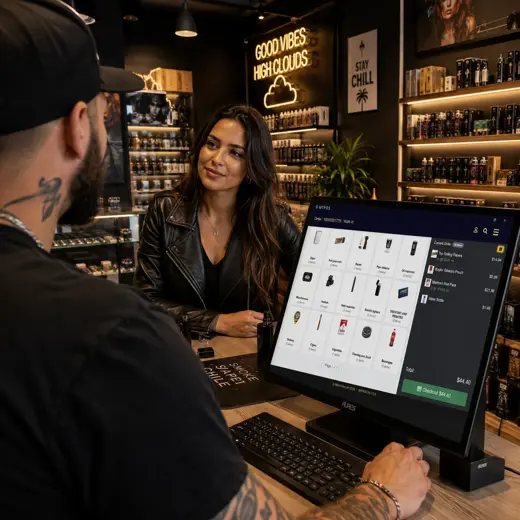 Adult smoke and vape store associate using a tablet POS while helping an adult customer compare products and accessories