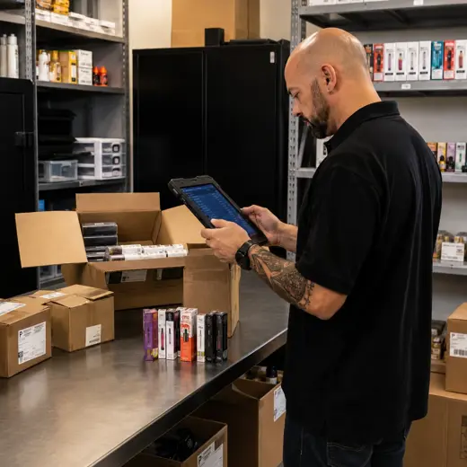 Adult smoke and vape store associate using a protected tablet POS while assisting an adult customer