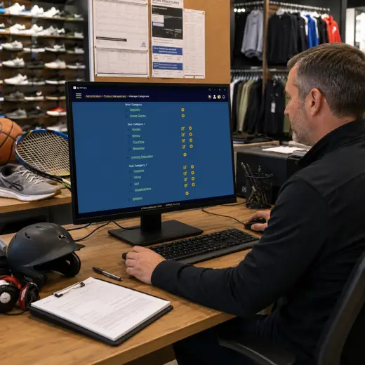 Sporting goods employee scanning equipment during a stock count