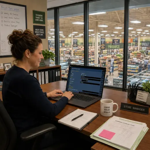 Supermarket employee checking shelf inventory with a protected tablet in a grocery aisle