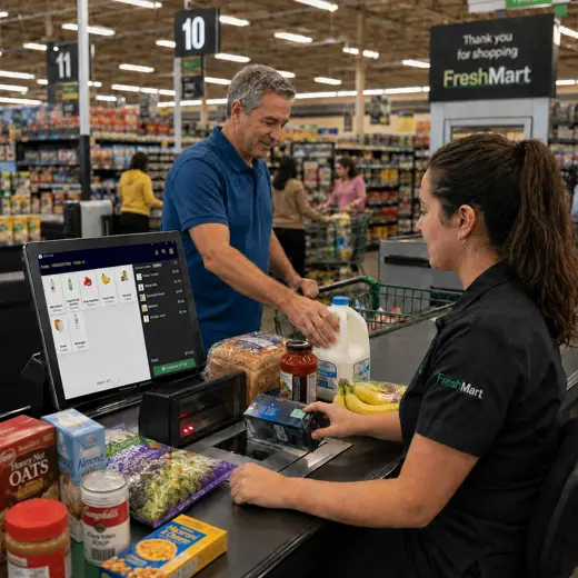 Supermarket cashier scanning a mixed basket of groceries at a staffed checkout lane