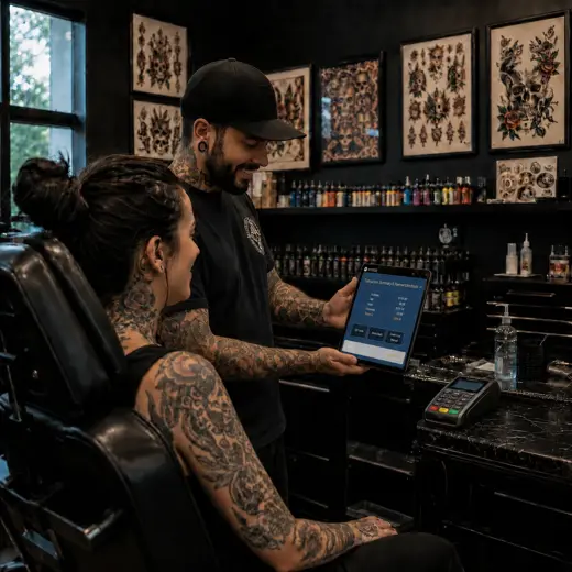 Tattoo artist using a tablet POS after completing a client service while discussing retail aftercare products