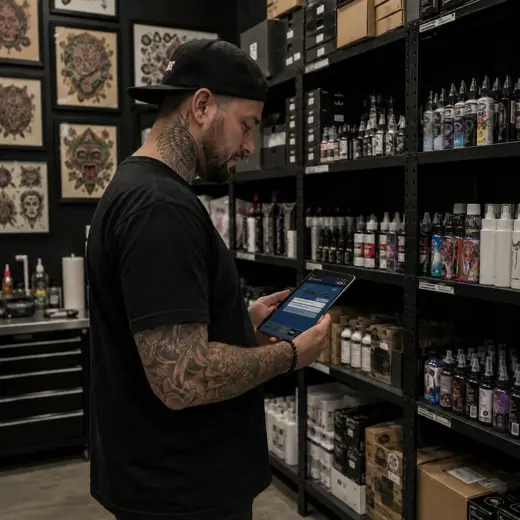 Tattoo artist using a protected tablet POS near a studio station after completing a client service