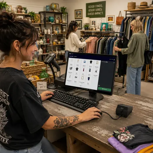 Thrift store employee using a tablet POS while cataloging unique apparel, furniture and household items