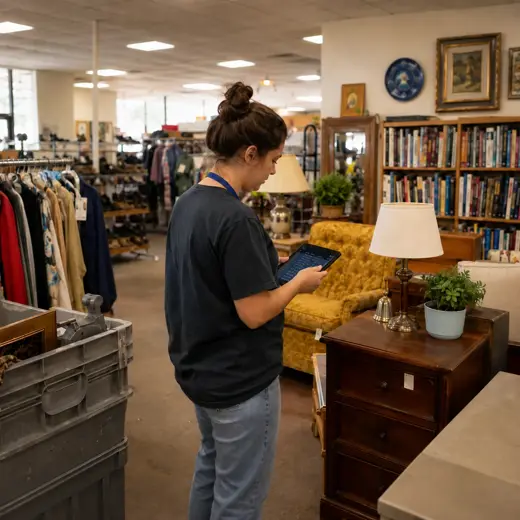 Thrift store associate using a protected tablet POS while helping a customer among apparel, furniture and household items