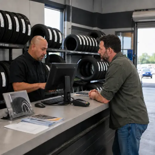 Tire shop team helping a customer and processing a sale